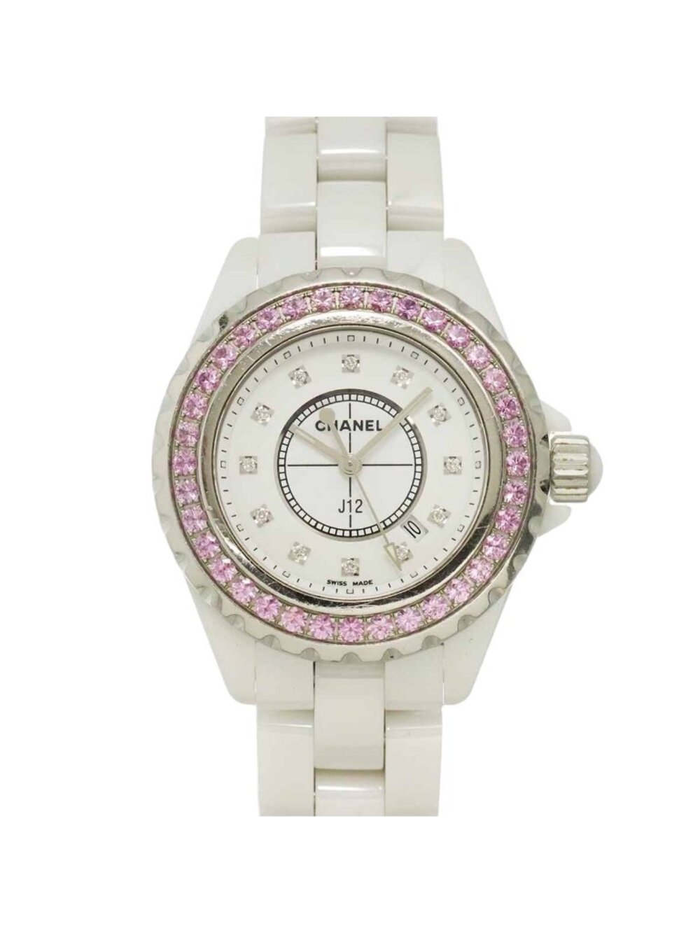 Chanel 33 Watch Date 12P Diamond Pink Sapphire White Ceramic Quartz